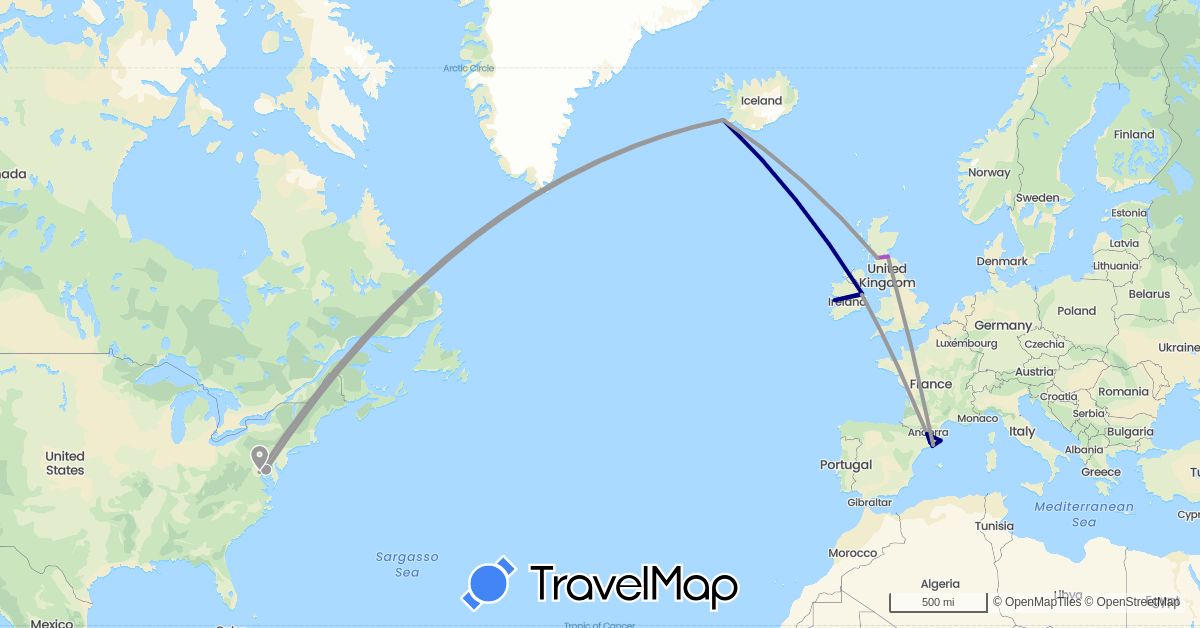 TravelMap itinerary: driving, plane, train in Spain, United Kingdom, Ireland, Iceland, United States (Europe, North America)
